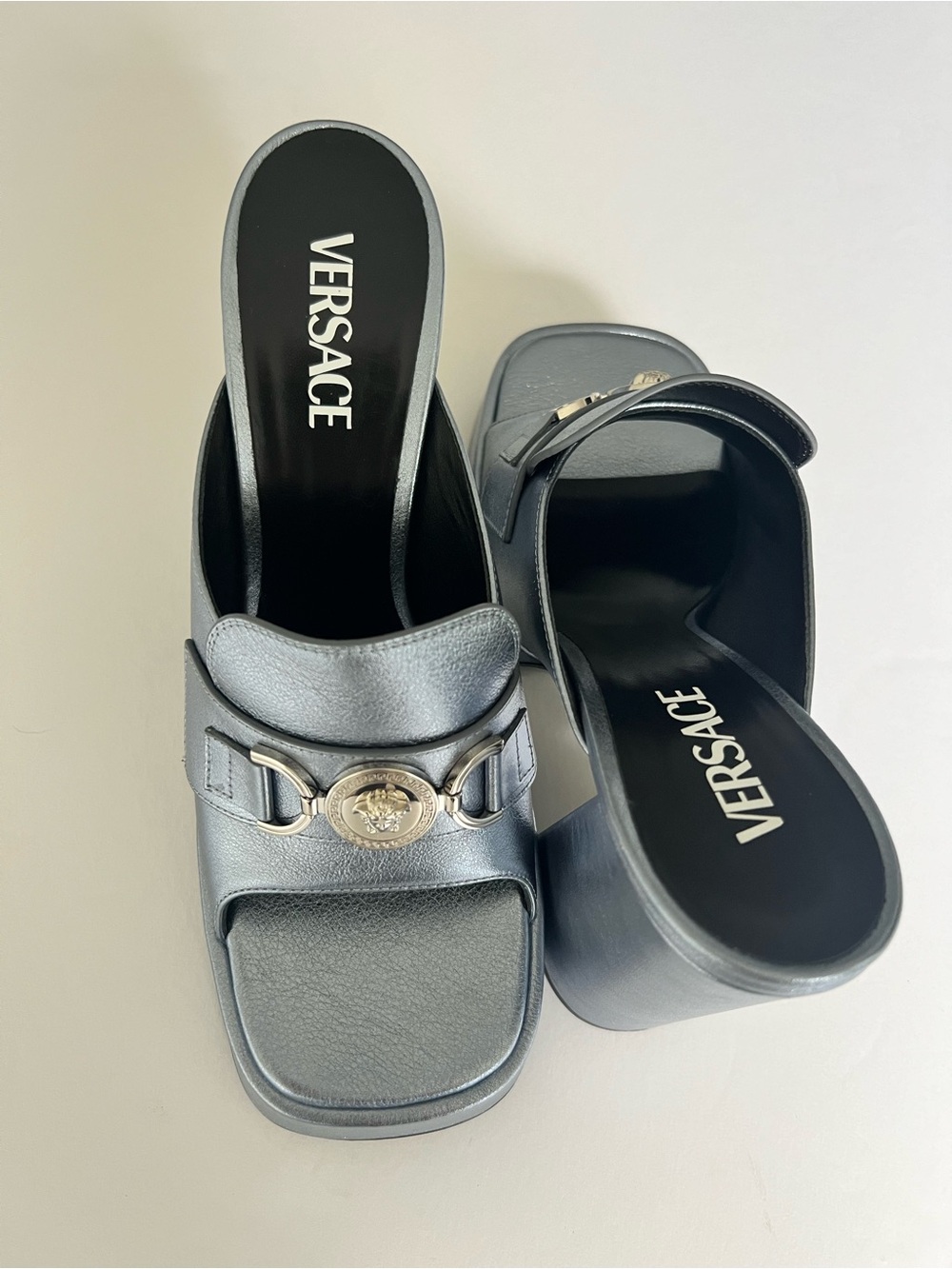 Versace Metallic Blue Leather Platform Mule Heels with Medusa Hardwareu